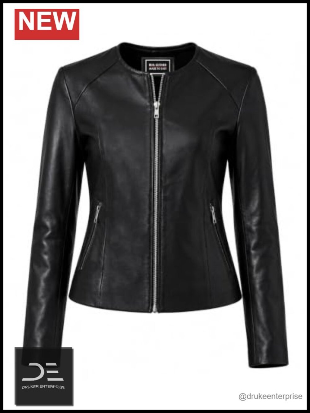 Womens Lambskin Leather Jacket Collarless Zip Moto Biker